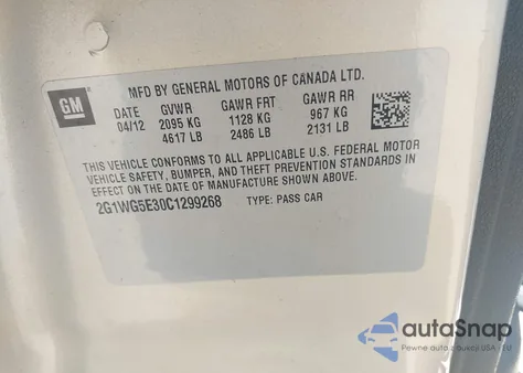 2012 Chevrolet Impala Lt z USA, uszkodzony, nr VIN 2G1WG5E30C1299268